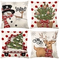 Close-up of 4 Christmas linen pillowcases with snowman, truck, and deer festive prints - TQYM60-35 Christmas Series C