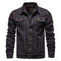 Men's dark blue washed denim jacket with lapel collar and chest pockets in a flat layout - Black