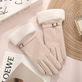Beige suede thermal winter gloves with white faux fur cuffs and stylish metal buckle - Single Line Fur Cuff / Beige
