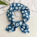 Blue cotton linen neck scarf with white floral print and elegant hair band styling - Blue With Small White Flowers
