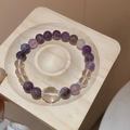 Detailed macro view of purple amethyst and clear quartz beads with silver floral spacers - 10# White Purple Bracelet (Exquisite Gift Box)