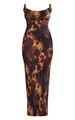 Detail of pleated texture and abstract floral print on slim fit camisole maxi dress - S / Coffee Print