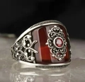 Vintage silver men's ring featuring a deep red gemstone and intricate floral engravings - Vintage Hollow Rectangle Deep Red Gemstone (HJZ021)