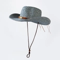 Blue and beige woven cowboy hat with brown leather band and adjustable chin strap - M / Blue