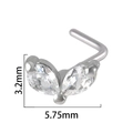 Surgical steel L-shaped nose stud with clear butterfly zirconia, size 3.2mm x 5.75mm - Silver Marquise Leaf