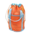 Large mesh beach bag for kids toys in bright orange and blue with drawstring closure - Handheld Beach Bag Orange with Blue Strap