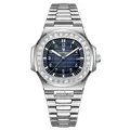 Luxury silver stainless steel men's watch with blue grid dial and diamond bezel - Silver Case Blue Dial Steel Strap