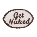 Oval Get Naked bathroom mat with dark brown wave border and plush tufted letters - GETNAKED-Coffee Olive