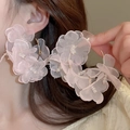 Elegant large pink lace flower hoop earrings with white crystal beads for women - Pink Layered Mesh Large Hoop Earrings Floral Style (74# Silver Earring Post - Pink)