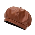 Classic dark brown PU leather newsboy cap with vintage eight-panel design and texture - M (56-58cm) / Khaki