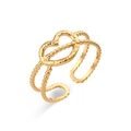Golden woven open ring with hollow heart design and beaded texture in stainless steel - Adjustable Open / Vintage Double-layer Through-heart Open Ring