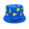 Dettaglio cappello alla pescatora blu in cotone con stampa banane e ricamo nero - Circonferenza della testa 52cm-54cm / Blu