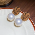 Elegant leopard print flocked earrings featuring large white pearl drop accents - 36# Pearl Leopard Plush Patchwork Earrings (Silver Earring Post-Coffee-White)