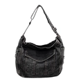 Minimalist large capacity denim shoulder bag with distressed washed finish and fringe - Dark Brown