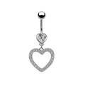 Polished stainless steel heart wing belly button ring with sparkling zircon stones - Silver Double Heart Rhinestone
