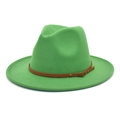 Detail showing the green wool felt fedora with a brown leather belt strap and metal buckle - M (56-58cm) / Grass Green