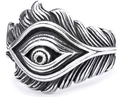 Macro detail of gothic stainless steel ring with eagle eye and engraved feather patterns - 23409