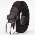 Elastic dark brown braided belt with silver metal pin buckle and faux leather detailing - Coffee