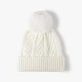 Warm white winter cable-knit beanie hat for women with a fluffy faux fur pom pom - One Size / White
