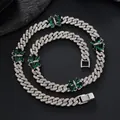 Hip hop silver Cuban chain set with emerald butterfly pendants and white rhinestones - Necklace 18 inch (45cm) / Silver