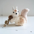 Detail of sisal squirrel ornament with faux fur tail holding golden pine cone and leaves - White Gold Squirrel Ornament