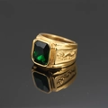 Men's retro gold-plated ring featuring a rectangle green gemstone and dragon relief - US 7 / Gold Green