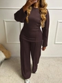 Women's two-piece casual tracksuit set in dark brown with long-sleeve top and trousers - S / Coffee
