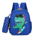Blue kids backpack with cartoon dinosaur print and matching star pattern pencil case - Royal Blue Skateboard Dinosaur