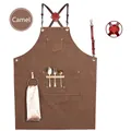 Durable camel canvas work apron with adjustable cross-back leather straps and pockets - New Leather Strap Thick Camel Canvas with Loop