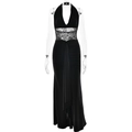 Elegante zwarte maxi-jurk met diepe V-hals, kant aan de taille en geplooide rok - S / Zwart