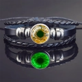 Steampunk black braided leather bracelet with golden dragon eye luminous glass cabochon - Gold-Green Dragon Eye Style