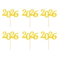 Lot de 6 décorations de gâteau 2026 à paillettes dorées avec bâtonnets en bois de fête - Style 2 : 2026 / Lot de 6 / Or
