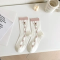 Cream cotton crew socks featuring 3D floral embroidery and pink polka dots pattern - One Size / Pink Vertical Flowers