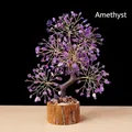 Fortune money tree ornament with purple amethyst crystals and natural wooden base - Amethyst Wood Base Money Tree