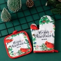 Close-up of festive Christmas oven mitt and pot holder set on a dark green background - Bird