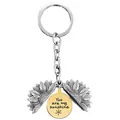 Detail of sunflower keychain with opening petals and engraved You are my sunshine quote - T00010 Silver Shell Gold Disc (You are my sunshine)