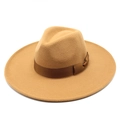 Detail of wide brim camel wool fedora hat featuring a brown grosgrain ribbon bow - M / Camel