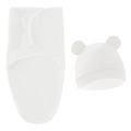 Close-up of white newborn swaddle with velcro closure and cute bear ear hat set - Solid White Swaddle + Hat Set
