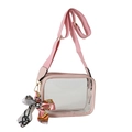 Pink transparent PVC crossbody bag with wide shoulder strap and decorative silk scarf - Pink