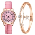 Elegante reloj de mujer oro rosa con correa de cuero rosa y pulsera de estrella de diamante - Reloj + Pulsera / Rosa