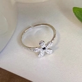 Silver flower ring with black gemstone and hammered texture on adjustable open band - JZ0224-Hammered Black Flower
