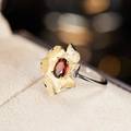 S925 silver flower ring featuring gold petals and an oval red gemstone center - Natural Garnet Flower Style (LR102)