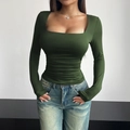 Slim fit Y2K long sleeve square neck top for women in vibrant green color - S / Army Green
