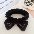 Black plush spa headband with large bow and pink OMG embroidery for washing face - Black