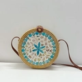 Handmade round rattan crossbody bag with blue and pink floral shell inlay and leather strap - Blue Lotus