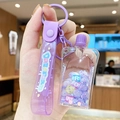 Purple bubble tea bear keychain with glitter floating oil and DREAM wrist strap - Jelly Squeezer - Purple