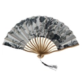 Japanese style bamboo folding fan with floral patterns and black tassel decoration - Curved Ribs Silver Flower