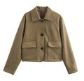 Detail of a brown faux suede jacket featuring a lapel collar and large flap pockets - S / Khaki Green