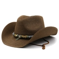 Brown woven straw cowboy sun hat with beaded star pendant band for outdoor beach travel - M (56-58cm) / Coffee
