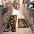 Christmas kitchen mat set with wood grain pattern, pine cones and festive ornaments - Small / Dark Wood Grain Ornament Style